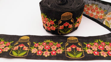 Black Art Silk Trim With Floral Embroidery & Sequins, Red, Green And Gold Flower Embroidered Trim